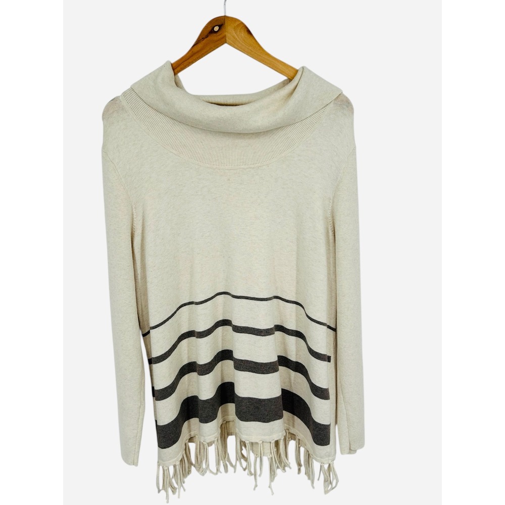 Zenergy by Chicos‎ Cowl Neck Striped Fringe Sweater Women Size 3 XLarge Beige